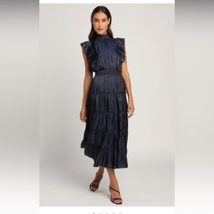 Lulus Take a Glance Navy Blue Tiered Mock Neck Midi Dress (XL)